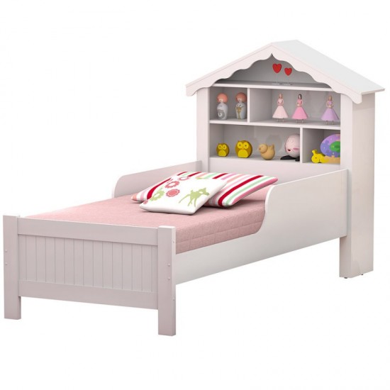 Cama Solteiro Casinha Princesa Branco com proteo lateral  - Menina Infantil - Vitamov