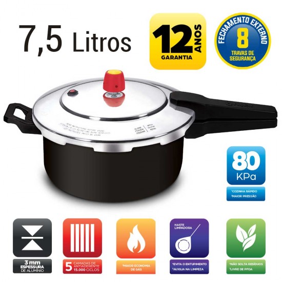 Panela de Presso 7.5 Litros Fechamento Externo e Antiaderente  Preto